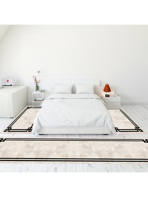 Evdeya Çerçeve Desen Dijital Baskılı Kaymaz Yıkanabilir Üçlü Yatak Odası Takımı, Çerçeveli-33-Krem,