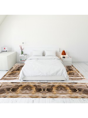 Evdeya Modern Şık Dijital Baskılı Kaymaz Taban Yıkanabilir Üçlü Yatak Odası Takımı, Modern-46-Kahve,