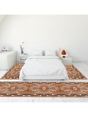 Evdeya Etnik Desenli Dijital Baskılı Kaymaz Taban Yıkanabilir Üçlü Yatak Odası Takımı, Etnik-10-Kahve,
