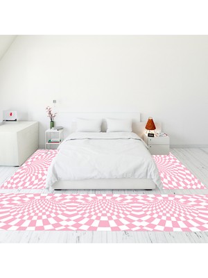 Evdeya Modern Şık Dijital Baskılı Kaymaz Taban Yıkanabilir Üçlü Yatak Odası Takımı, Modern-78-Pembe,