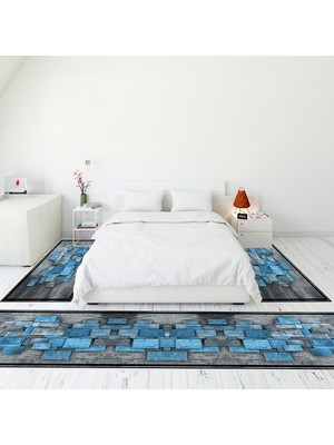 Evdeya Modern Şık Dijital Baskılı Kaymaz Taban Yıkanabilir Üçlü Yatak Odası Takımı, Modern-13-Mavi,