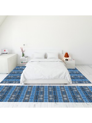 Evdeya Modern Şık Dijital Baskılı Kaymaz Taban Yıkanabilir Üçlü Yatak Odası Takımı, Modern-19-Mavi,
