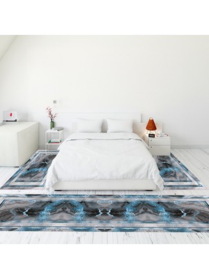 Evdeya Modern Şık Dijital Baskılı Kaymaz Taban Yıkanabilir Üçlü Yatak Odası Takımı, Modern-46-Mavi,