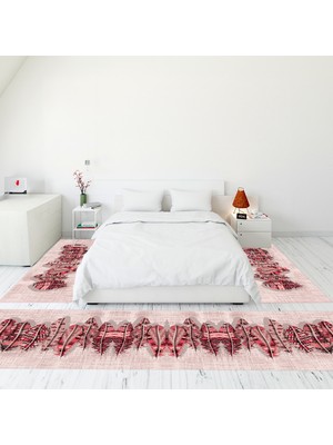 Evdeya Modern Şık Dijital Baskılı Kaymaz Taban Yıkanabilir Üçlü Yatak Odası Takımı, Modern-50-Pembe,