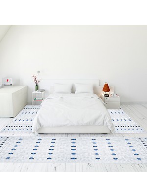 Evdeya Modern Şık Dijital Baskılı Kaymaz Taban Yıkanabilir Üçlü Yatak Odası Takımı, Modern-65-Mavi,