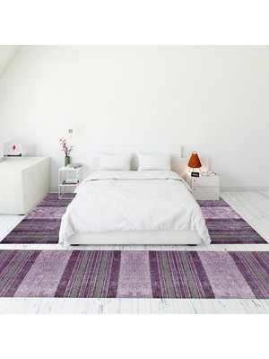 Evdeya Modern Şık Dijital Baskılı Kaymaz Taban Yıkanabilir Üçlü Yatak Odası Takımı, Modern-83-Mor,