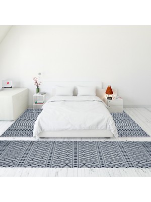 Evdeya Modern Şık Dijital Baskılı Kaymaz Taban Yıkanabilir Üçlü Yatak Odası Takımı, Modern-84-Lacivert,