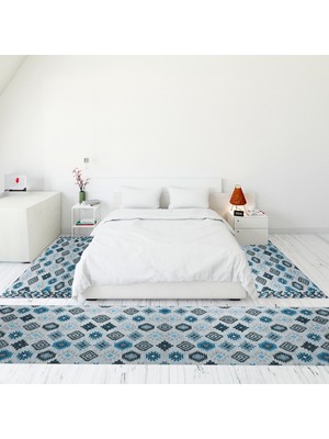 Evdeya Modern Şık Dijital Baskılı Kaymaz Taban Yıkanabilir Üçlü Yatak Odası Takımı, Modern-99-Mavi,