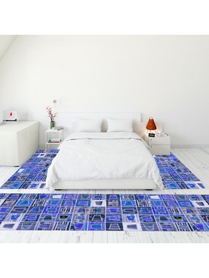 Evdeya Dijital Baskılı Kaymaz Taban Yıkanabilir Patchwork Üçlü Yatak Odası Takımı, Patchwork-11-Mavi,