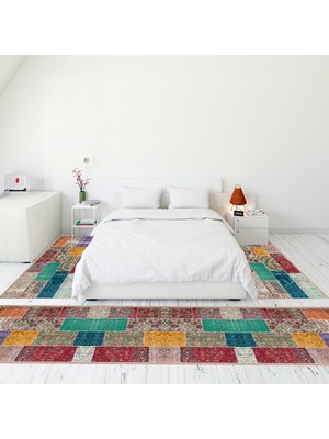Evdeya Dijital Baskılı Kaymaz Taban Yıkanabilir Patchwork Üçlü Yatak Odası Takımı, Patchwork-01-Renkli,