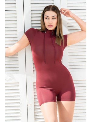 Maison La Femme Vücüda Oturan Kadın Spor Şort Tulum / Toparlayıcı Çift Fermuarlı Spor Mayo Tulum Body Tayt Tulum