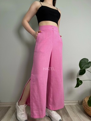 Hazel Kadın Pembe Keten Yırtmaçlı Yüksek Bel Palazzo Pantolon