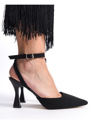 Gökhan Talay Lila Arkası Bantlı Bilekten Bağlamalı Kadın Topuklu Ayakkabı Siyah Süet Mat