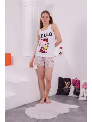 Zeyzey Butik Hello Baskılı Ikili  Şortlu Pijama Takımı