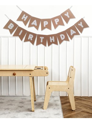 Pekshop Happy Birthday Banner Kraft Üzeri Beyaz Yazı Retro Doğum Günü