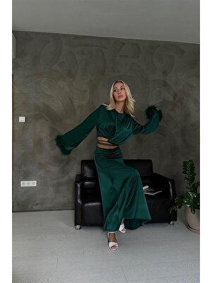 Elbee Fashion Woman Kolları Tüllü Bluz ve Etek Takım - Zümrüt