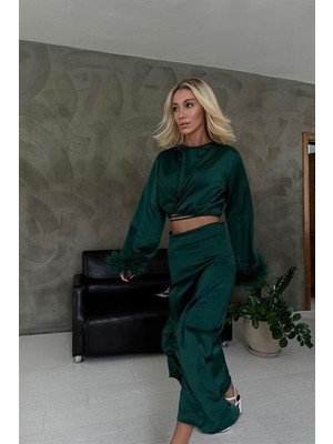 Elbee Fashion Woman Kolları Tüllü Bluz ve Etek Takım - Zümrüt