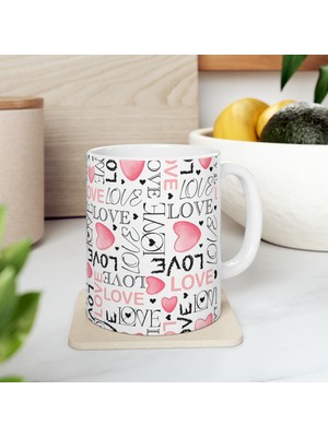 MBB Ticaret Hediyelik Love Desenli Aşk Romantik Kalpli Kahve ve Çay Kupa Bardağı