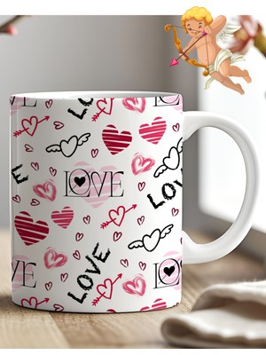 MBB Ticaret Hediyelik Kalp ve Love Desenli Aşk Kahve ve Çay Kupa Bardağı