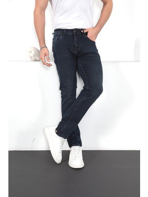Enzim Jeans Erkek Likralı Denim Regular Fit Jeans Koyu Mavi Desenli Günlük Stil Dar Paça