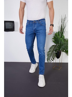 Enzim Jeans Mavi Desenli Erkek Slim Fit Likralı Pantolon Günlük Tarz İçin Uygun