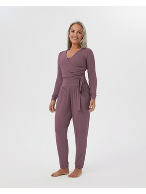 Ayma Active Kadın Lila Comfort Pants - Yüksek Bel, 4 Kat Korsaj, Paçada Bant Detaylı, Rahat Kesim, Günlük Pilates, Yoga İçin Konforlu Pantolon