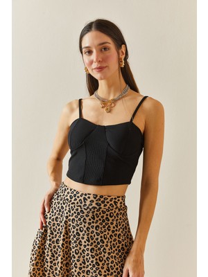 Xhan Siyah Balenli & Askılı Crop Bluz 5YXK2-48340-02
