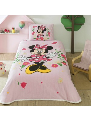 Taç Lisanslı Minnie Mouse Golden Tek Kişilik Pamuk Pike Takımı