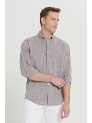 Altınyıldız Classics Erkek Kahverengi Comfort Fit Rahat Kesim Düğmeli Yaka Casual Keten Gömlek