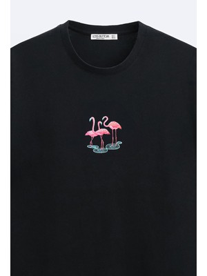 Loss Buttom Ağır Kumaş Flamingo's Nakışlı Oversize T-Shirt