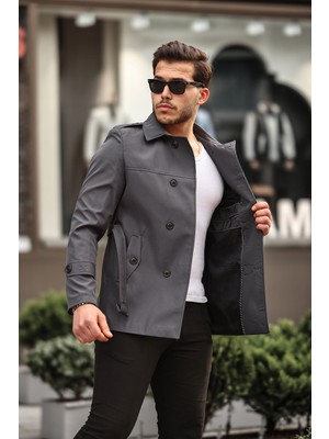 Mero Life Erkek Gri Mevsimlik Astarlı Kemerli Kruvaze Trençkot