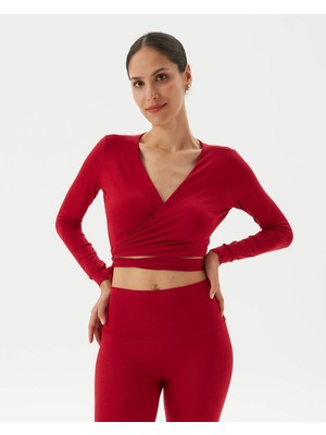 Ayma Active Kadın Kırmızı Anvelop Wrap Crop -EcoVero Viskoz, Belden Bağlamalı, Vücuda Oturan, Kruvaze Tasarım, Kısa Crop Boy, Yoga, Pilates, Spor ve Günlük Aktiviteler İçin Rahat Bluz