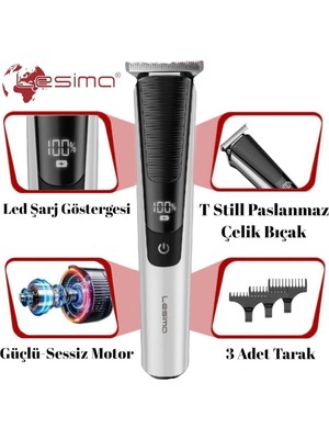 Lesima Professional Prince Serisi Sakal Tıraş Makinesi Ense Düzeltme 1-2-3 mm Tarak Dijital Ekran