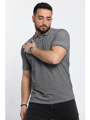 Julude Antrasit Polo Yaka Ön Çıtçıtlı Likralı Erkek Tişört P-00009252