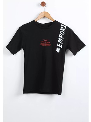 Julude Siyah Baskılı Bisiklet Yaka Erkek Çocuk Tişört P-00009674