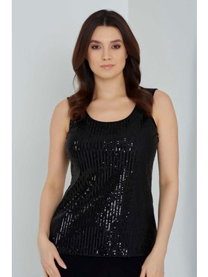 Tolga Saraçoğlu Yuvarlak Yaka Payetli Kalın Askılı Siyah Kadın Atlet 10176