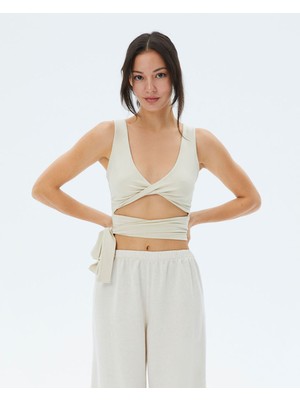 Ayma Active Krem EcoVero Viskoz, Kadın Önü Burgulu Belden Bağlamalı Göğüs Pedli Spor Pilates Yoga Büstiyer