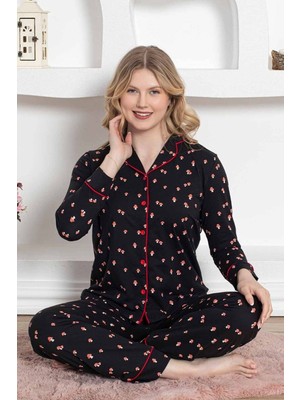 Farya Home Dreamy Pamuklu Biyeli Mantar Desenli Uzun Kollu Gömlek Pijama Takımı