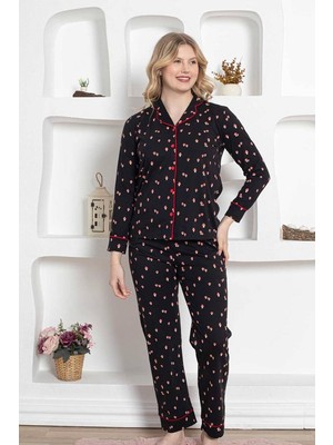 Farya Home Dreamy Pamuklu Biyeli Mantar Desenli Uzun Kollu Gömlek Pijama Takımı