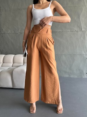 EKE TEKSTİL Kadın Camel Keten Paçaları Yırtmaçlı Pantolon