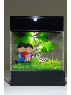 Çiçek Seli LED Venüs Moss Teraryum Romantik Aşık Çift Loş Işıklı Bahçe Sevgiliye Hediye & Pleksi Kutuda