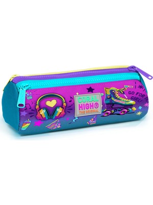 Coral High Kids Pembe Turkuaz Kulaklık Paten Desenli Üç Bölmeli Kalem Çantası 22054