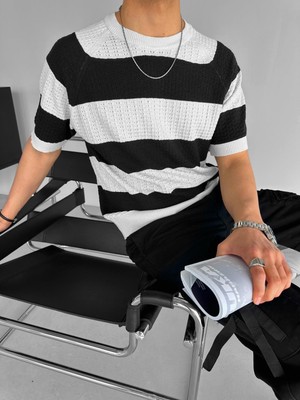 Abluka Online Erkek Oversize Çizgi Desenli Örme Triko T-Shirt Siyah