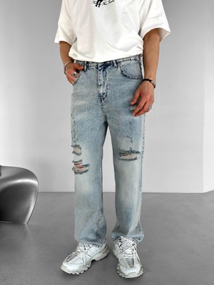 Abluka Online Erkek Yazlık Baggy Fit Distressed Jean Buz Mavi