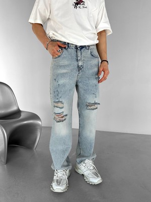 Abluka Online Erkek Yazlık Baggy Fit Distressed Jean Buz Mavi