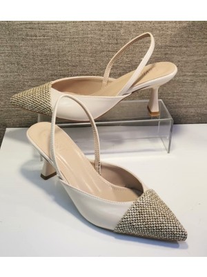 Laviest 4116 Kadın Arka Açık Sivri Burun Hasır Detaylı Kadeh Ökçe Stiletto Ayakkabı Ten