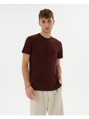 Ayma Active Erkek Bordo Kahverengi  Basic T-Shirt - Organik Pamuk, Kalın Bantlı Yaka, Rahat Kesim, Nefes Alan Günlük Tişört