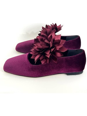 Dicle Polat Shoes Flower Bordo Kadife Küt Burun Çiçek Detaylı Kadın Babet