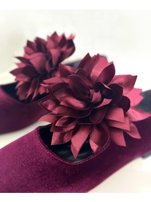 Dicle Polat Shoes Flower Bordo Kadife Küt Burun Çiçek Detaylı Kadın Babet