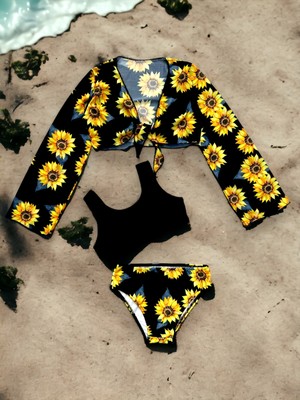 Lolliboom Kids Yeni Sezon Kız Çocuk Ay Çiçeği / Sunflower Desen Siyah Sarı Renk Pareolu Bikini Takımı 3'lü Set